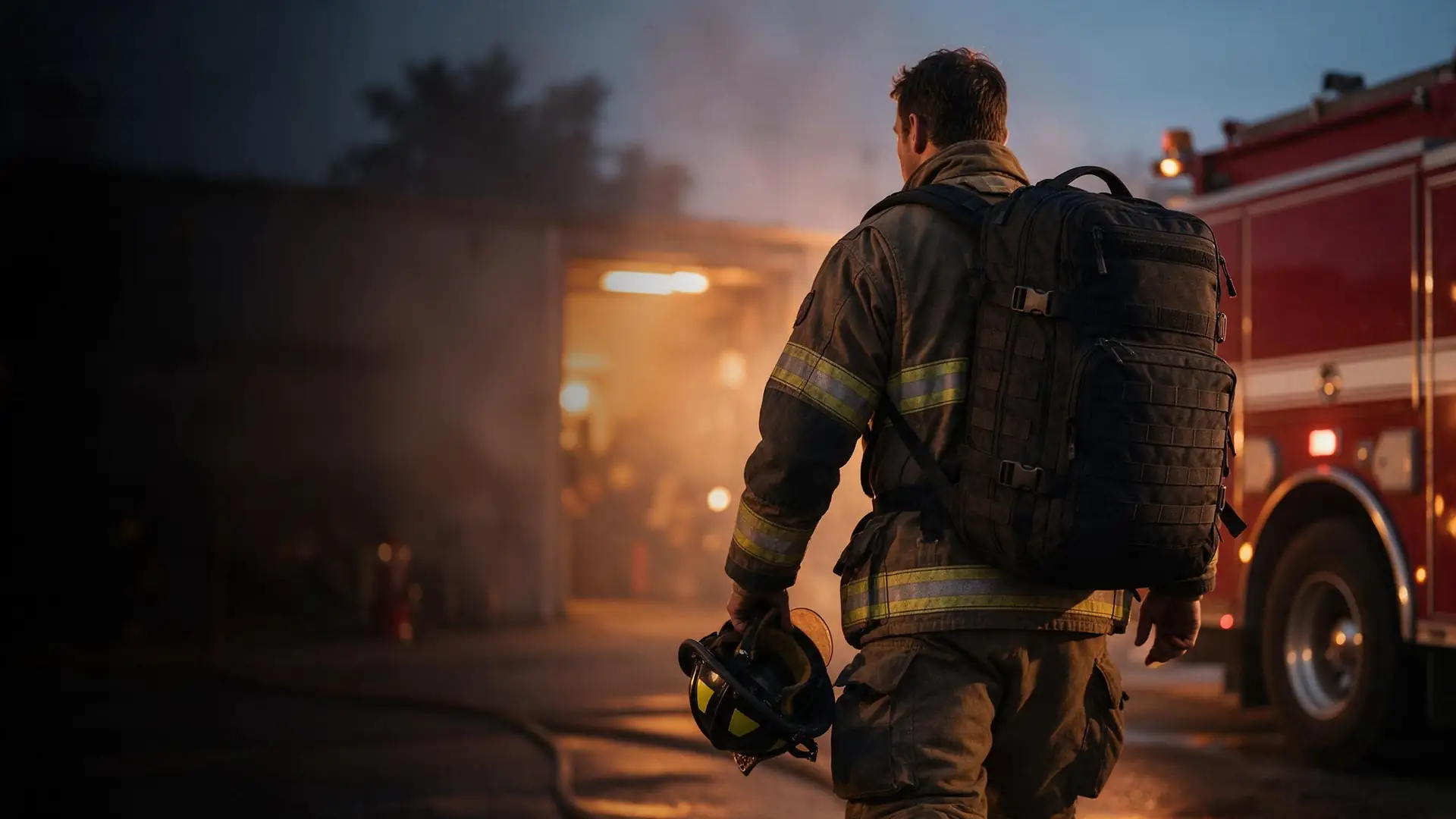 Firefighter walking back to a fire engine at dusk carrying the Engine 45 backpack