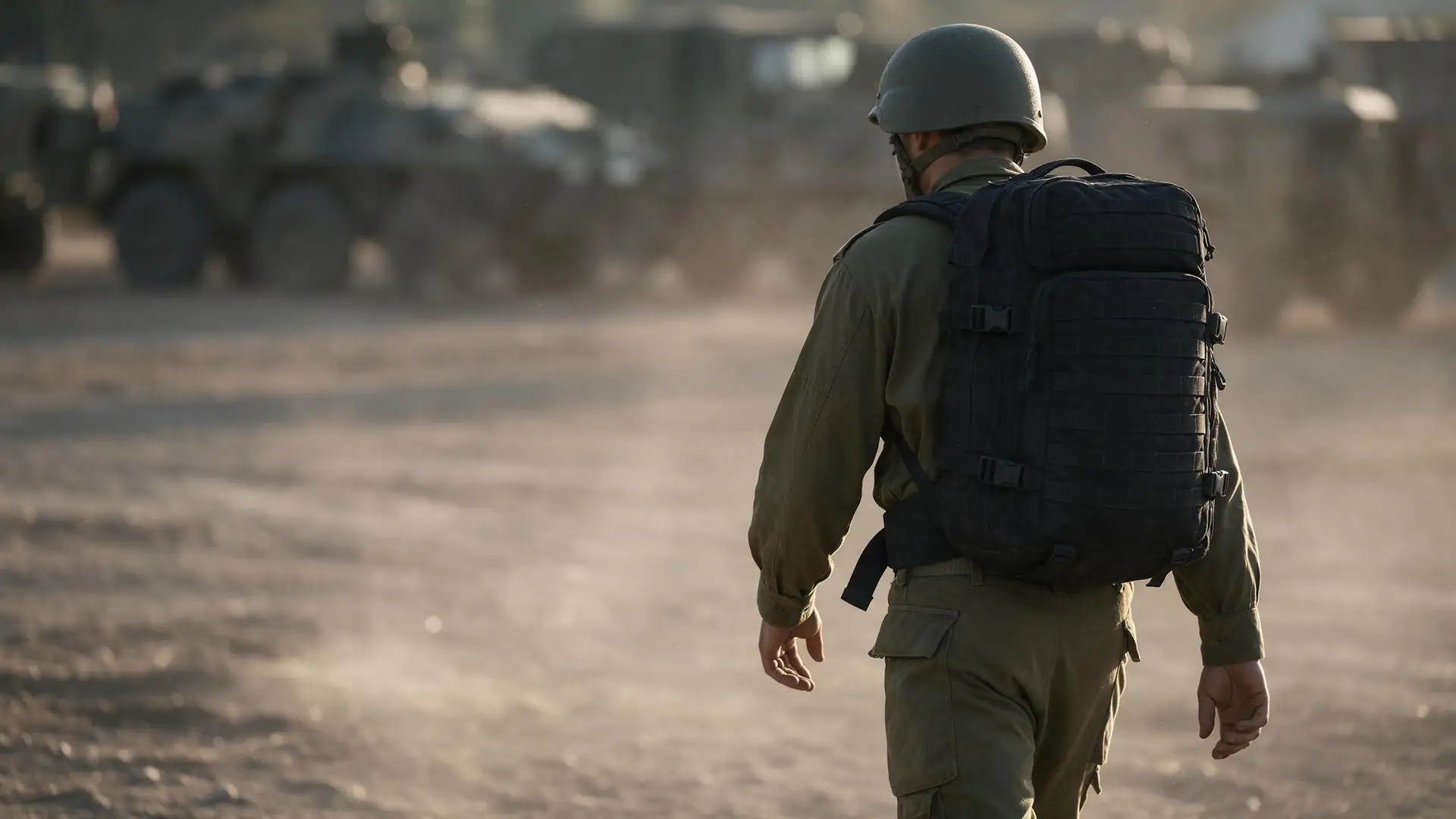 Soldier crossing a dusty training ground wearing the Engine 45 backpack