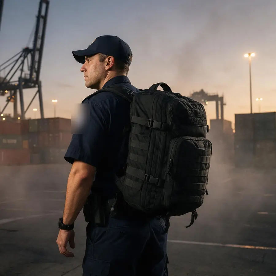 Customs officer wearing the backpack at a container port